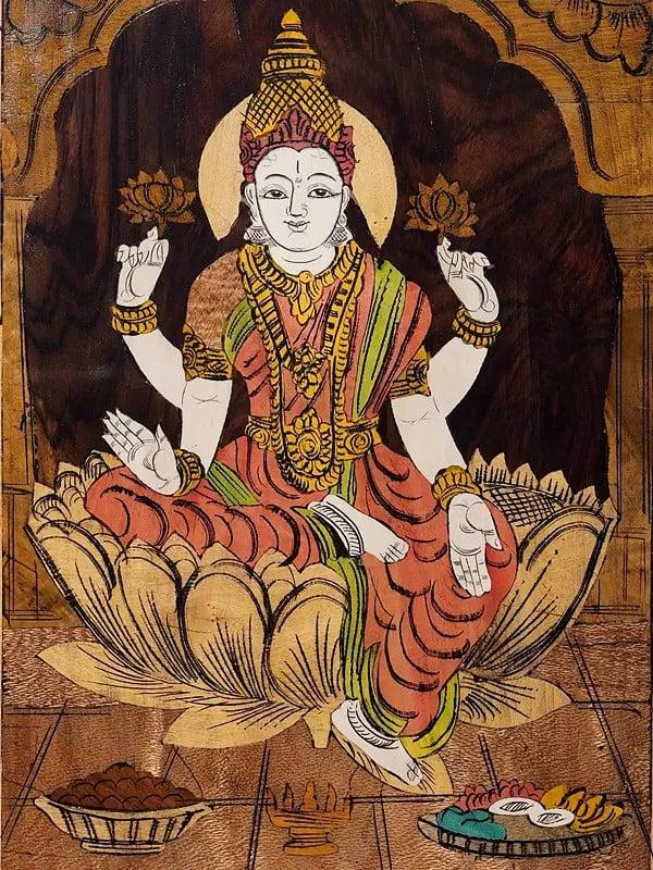 Exotic India 19" Four Armed Goddess Lakshmi | Rosewood Panel With Inlay Work 