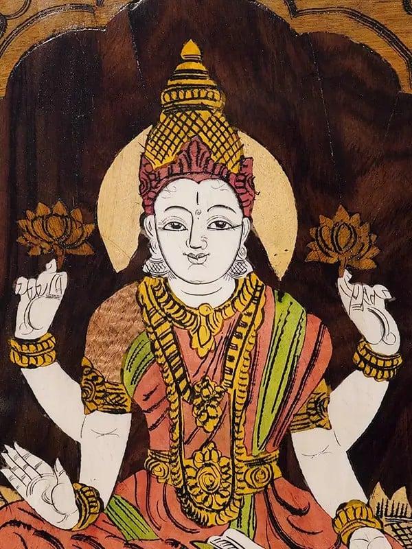 Exotic India 19" Four Armed Goddess Lakshmi | Rosewood Panel With Inlay Work 