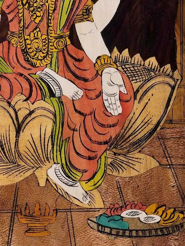 Exotic India 19" Four Armed Goddess Lakshmi | Rosewood Panel With Inlay Work 