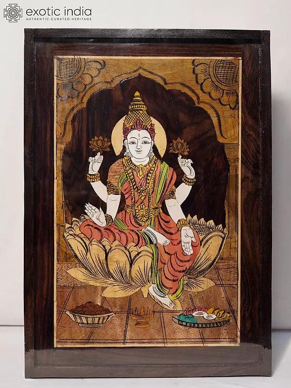exotic india 19" Four Armed Goddess Lakshmi | Rosewood Panel With Inlay Work 
