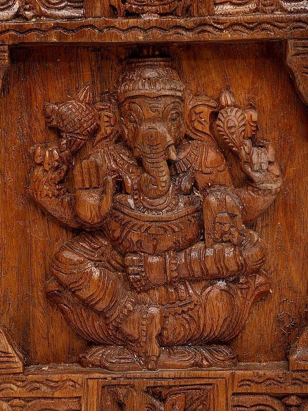 Exotic India 19" Four Armed Lord Ganesha | Kavadi Wall Panel | Wood Carving 