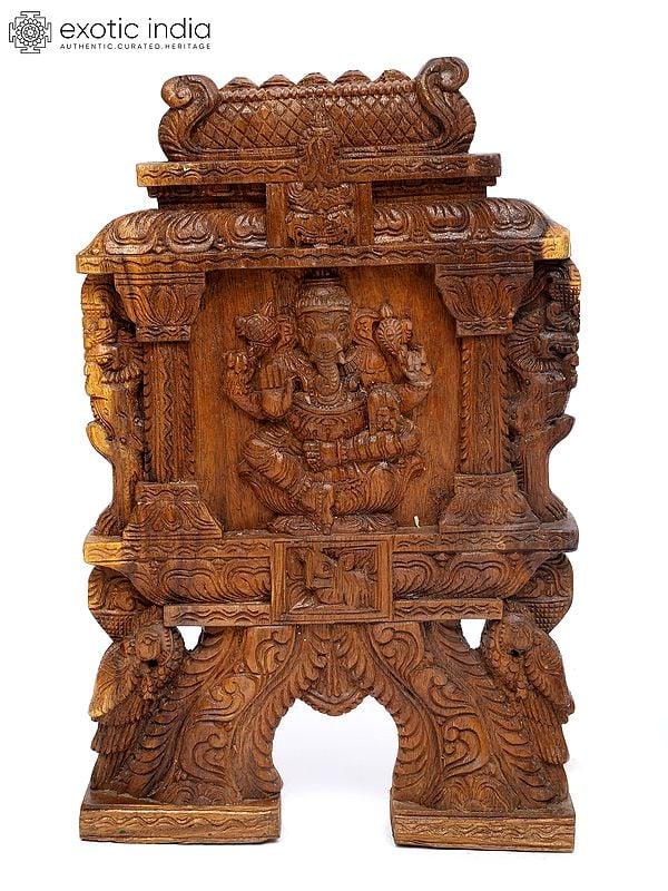 exotic india 19" Four Armed Lord Ganesha | Kavadi Wall Panel | Wood Carving 
