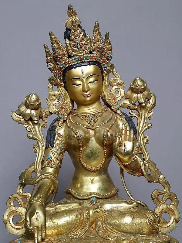 Exotic India 19" Goddess Green Tara In Blessing Gesture | Handmade | Copper Gold Plated Statue 