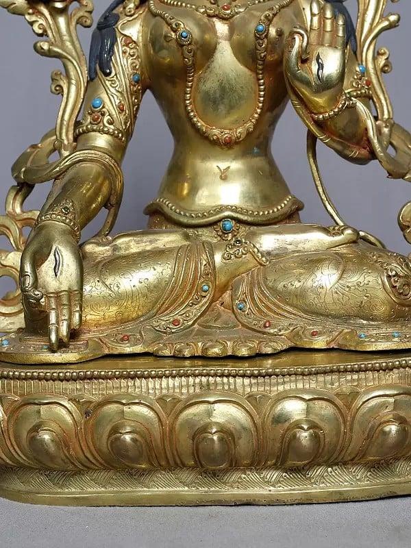 Exotic India 19" Goddess Green Tara In Blessing Gesture | Handmade | Copper Gold Plated Statue 