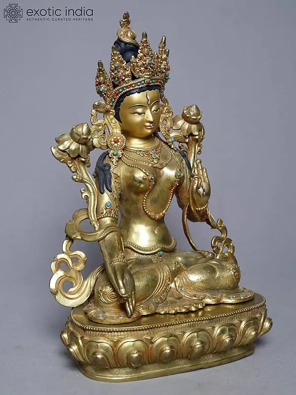 Exotic India 19" Goddess Green Tara In Blessing Gesture | Handmade | Copper Gold Plated Statue 
