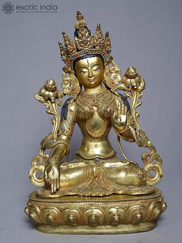 exotic india 19" Goddess Green Tara In Blessing Gesture | Handmade | Copper Gold Plated Statue 