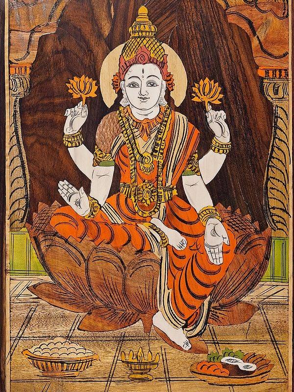 Exotic India 19" Goddess Lakshmi Seated On Lotus | Rosewood Panel With Inlay Work 