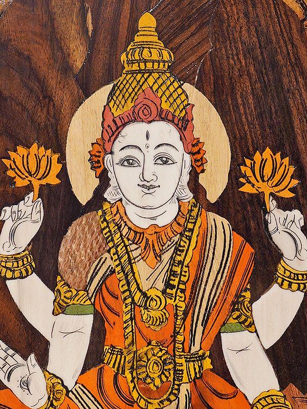 Exotic India 19" Goddess Lakshmi Seated On Lotus | Rosewood Panel With Inlay Work 