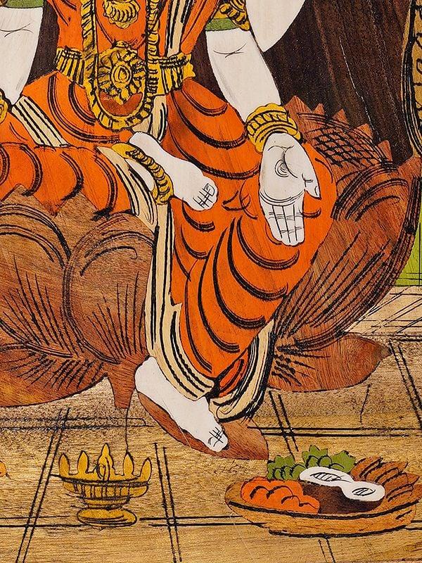 Exotic India 19" Goddess Lakshmi Seated On Lotus | Rosewood Panel With Inlay Work 