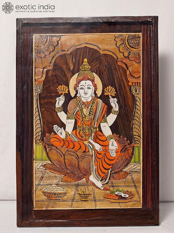 exotic india 19" Goddess Lakshmi Seated On Lotus | Rosewood Panel With Inlay Work 