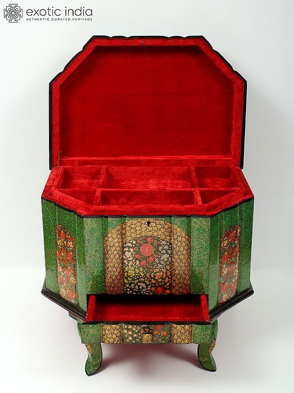 Exotic India 19" Green Color Floral Design Jewelry Box In Wood 