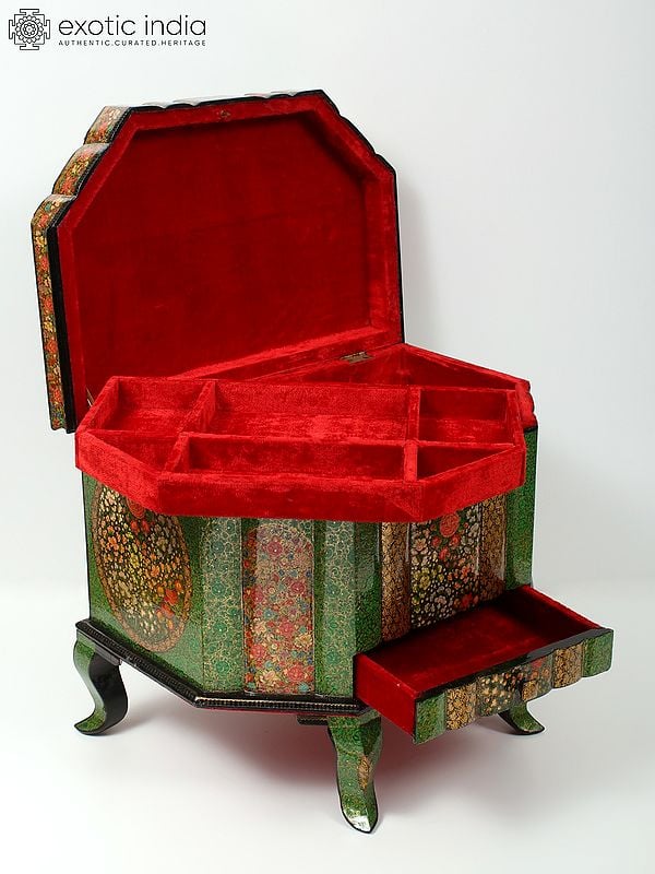 Exotic India 19" Green Color Floral Design Jewelry Box In Wood 