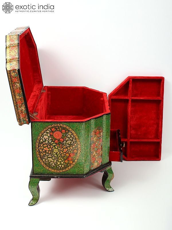 Exotic India 19" Green Color Floral Design Jewelry Box In Wood 