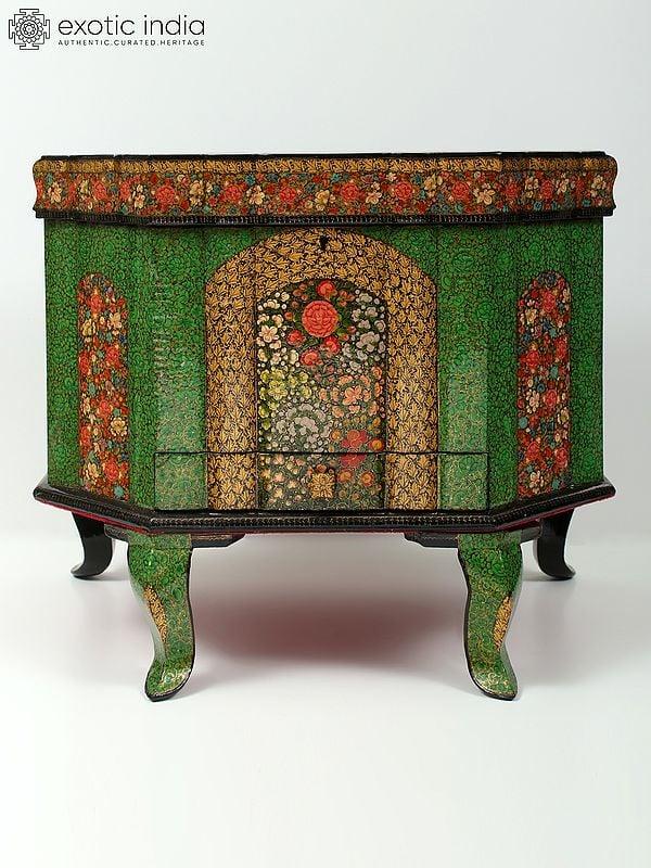 exotic india 19" Green Color Floral Design Jewelry Box in Wood 