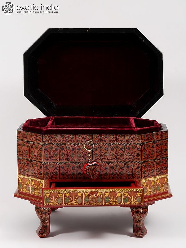 Exotic India 19" Hand-Painted Jewelry Box With Lock From Kashmir 
