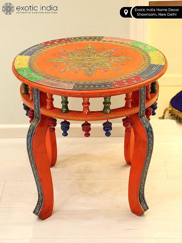 Exotic India 19" Hand-Painted Round Shaped Chowki (Pedestal) 