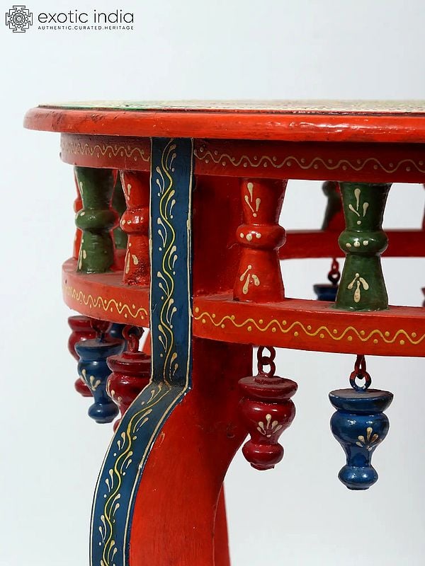 Exotic India 19" Hand-Painted Round Shaped Chowki (Pedestal) 
