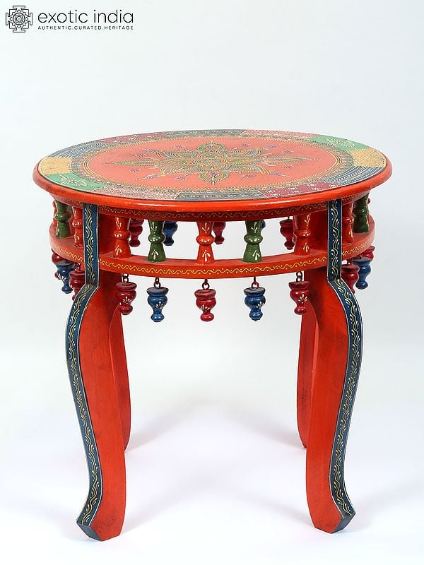 exotic india 19" Hand-Painted Round Shaped Chowki (Pedestal) 