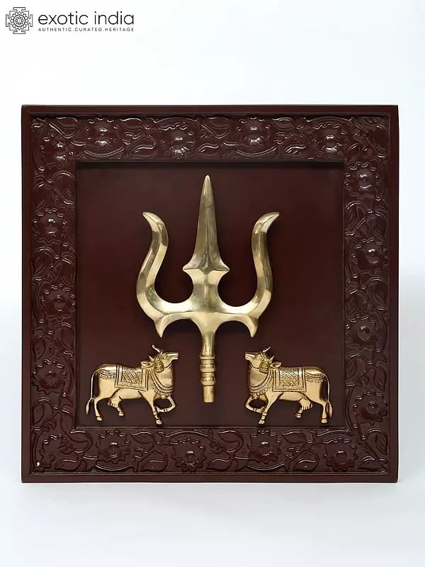 exotic india 19" Kamadhenu Cows with Trishul/Trident | Wood Framed Brass Sculpture | Wall Hanging 