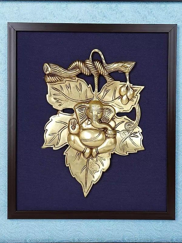 Exotic India 19" Leaf Ganesha | Wood Framed Brass Sculpture | Wall Hanging 