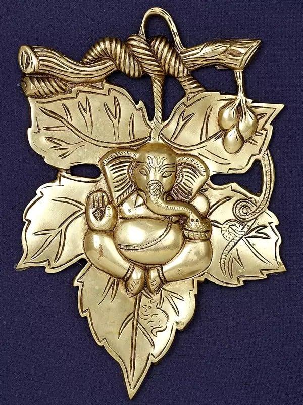 Exotic India 19" Leaf Ganesha | Wood Framed Brass Sculpture | Wall Hanging 