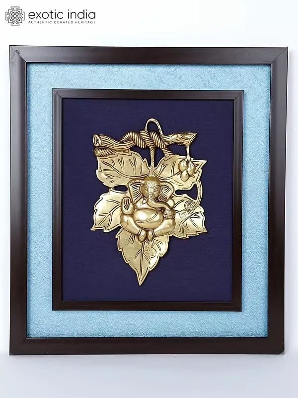 exotic india 19" Leaf Ganesha | Wood Framed Brass Sculpture | Wall Hanging 