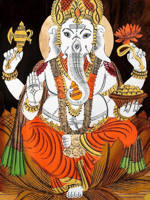 Exotic India 19" Lord Ganesha With Mushaka | Natural Color On Wood Panel With Inlay Work 