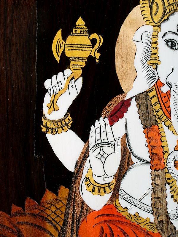 Exotic India 19" Lord Ganesha With Mushaka | Natural Color On Wood Panel With Inlay Work 