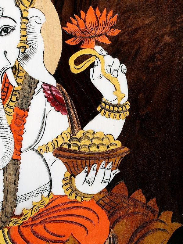 Exotic India 19" Lord Ganesha With Mushaka | Natural Color On Wood Panel With Inlay Work 