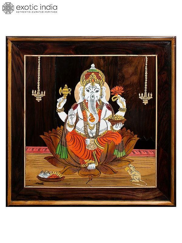exotic india 19" Lord Ganesha With Mushaka | Natural Color On Wood Panel With Inlay Work 