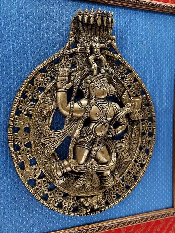 Exotic India 19" Lord Hanuman | Wood Framed Brass Sculpture | Wall Hanging 