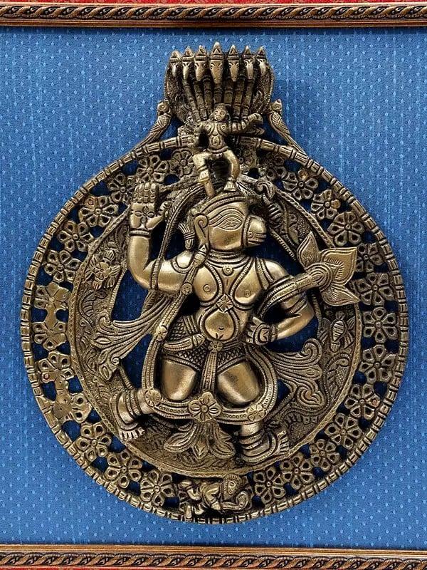 Exotic India 19" Lord Hanuman | Wood Framed Brass Sculpture | Wall Hanging 