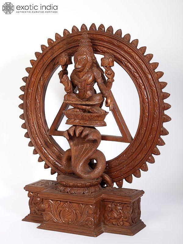 Exotic India 19" Lord Narasimha Seated On Sheshnag (Chakrathalwar) | Teakwood Statue 