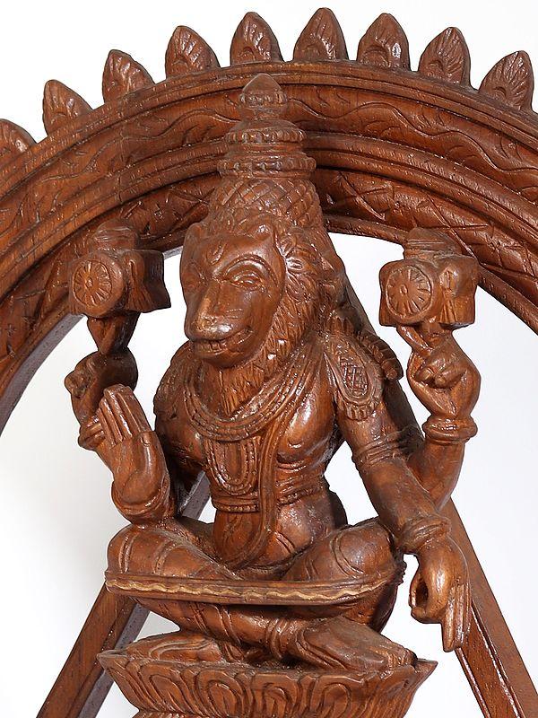 Exotic India 19" Lord Narasimha Seated On Sheshnag (Chakrathalwar) | Teakwood Statue 