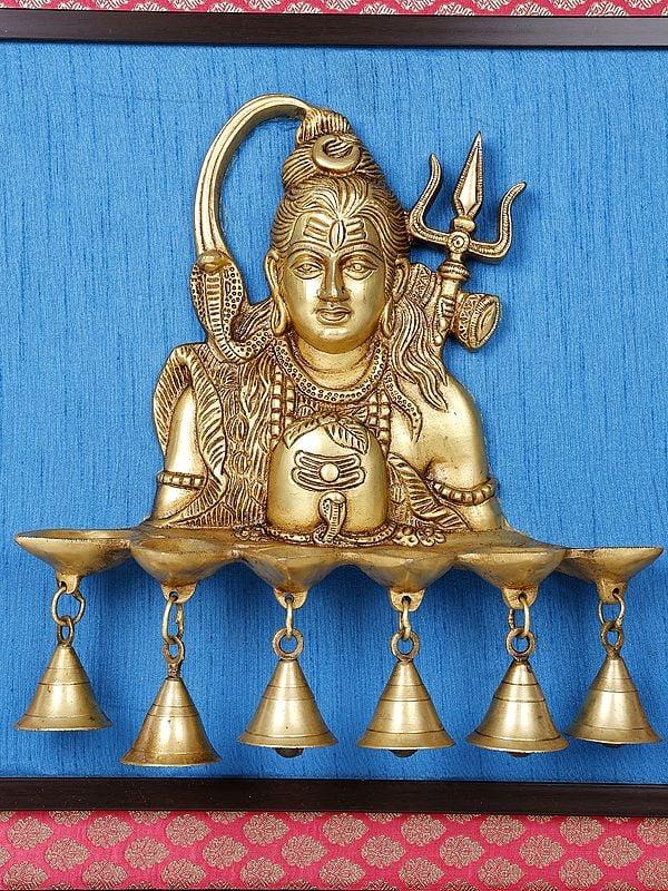 Exotic India 19" Lord Shiva Lamp With Bells | Wood Framed Brass Sculpture | Wall Hanging Decor 