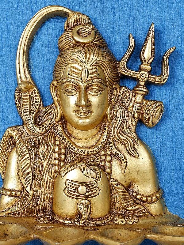 Exotic India 19" Lord Shiva Lamp With Bells | Wood Framed Brass Sculpture | Wall Hanging Decor 
