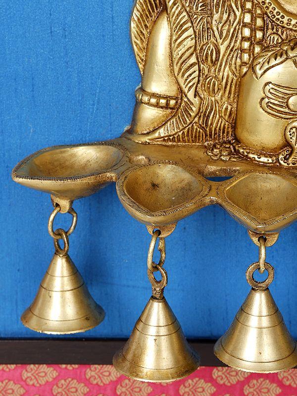 Exotic India 19" Lord Shiva Lamp With Bells | Wood Framed Brass Sculpture | Wall Hanging Decor 