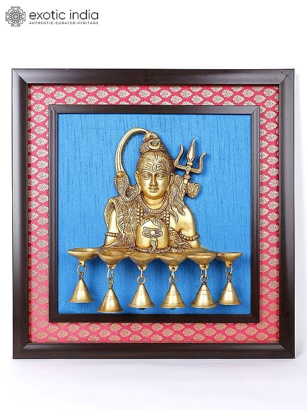 exotic india 19" Lord Shiva Lamp with Bells | Wood Framed Brass Sculpture | Wall Hanging Decor 
