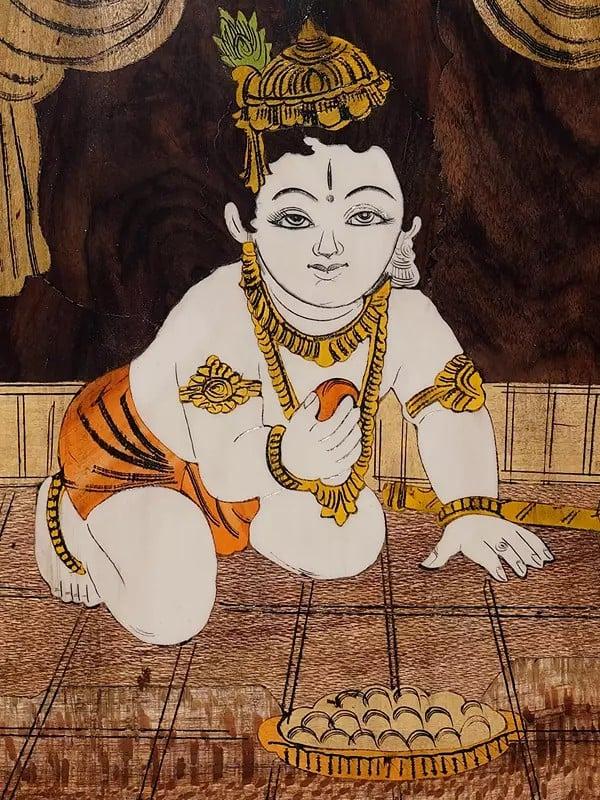 Exotic India 19" Loving Laddu Gopal | Rosewood Panel With Inlay Work 