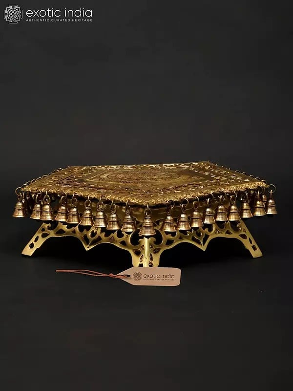 Exotic India 19" Pentagon Shaped Brass Pedestal (Chowki) With Dangling Bells 