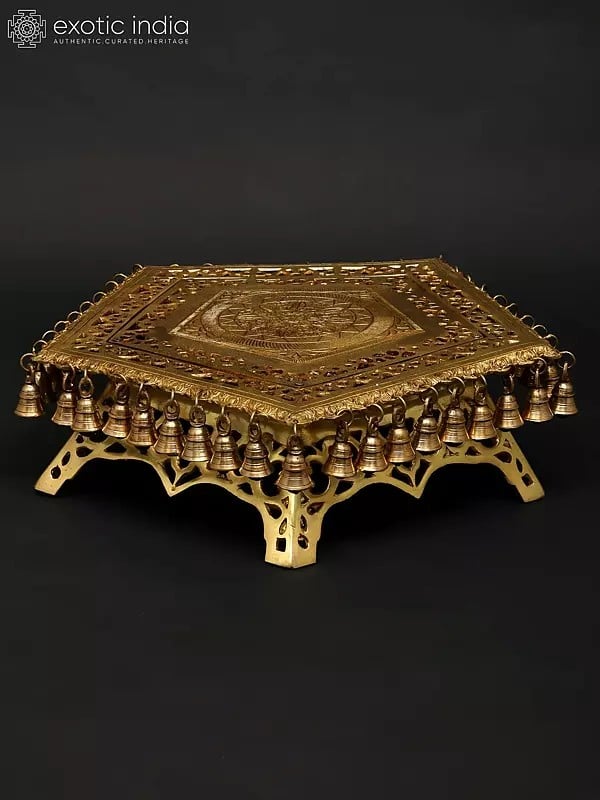Exotic India 19" Pentagon Shaped Brass Pedestal (Chowki) With Dangling Bells 