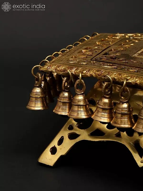 Exotic India 19" Pentagon Shaped Brass Pedestal (Chowki) With Dangling Bells 