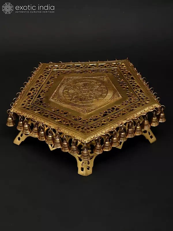 exotic india 19" Pentagon Shaped Brass Pedestal (Chowki) with Dangling Bells 