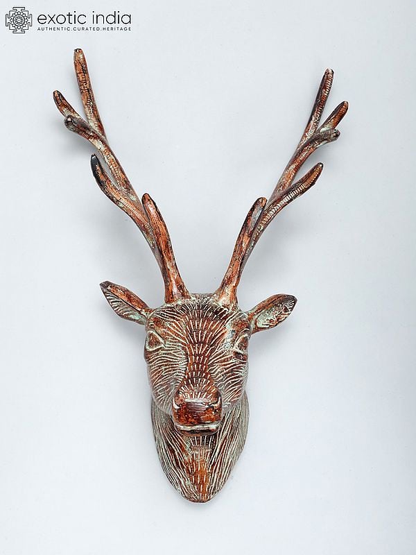 Exotic India 19" Reindeer Head In Brass | Wall Hanging