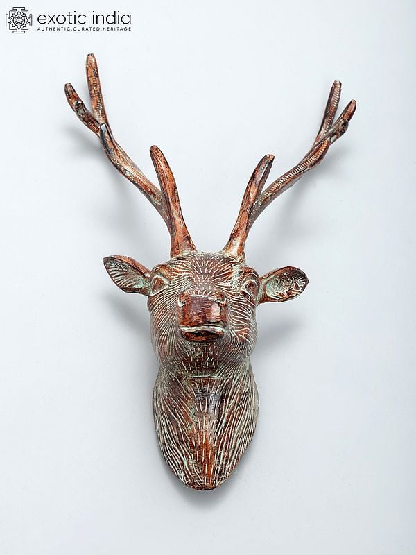 Exotic India 19" Reindeer Head In Brass | Wall Hanging