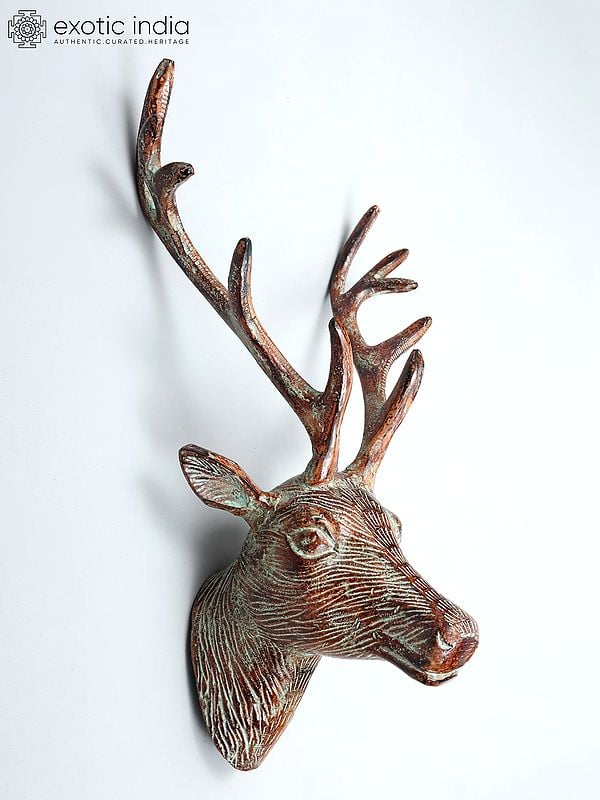 Exotic India 19" Reindeer Head In Brass | Wall Hanging