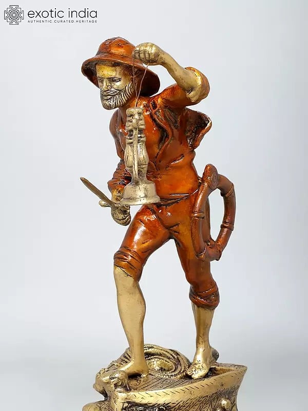 Exotic India 19" Sailor With Lantern | Decorative Brass Statue | Home Decor 