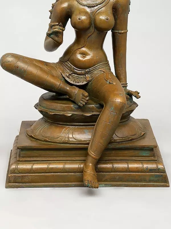Exotic India 19" Superfine Sitting Goddess Parvati (Bhoga Shakti) | Madhuchista Vidhana (Lost-Wax) | Panchaloha Bronze From Swamimalai 