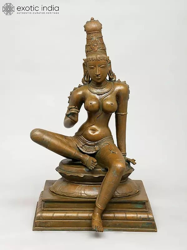 exotic india 19" Superfine Sitting Goddess Parvati (Bhoga Shakti) | Madhuchista Vidhana (Lost-Wax) | Panchaloha Bronze from Swamimalai 