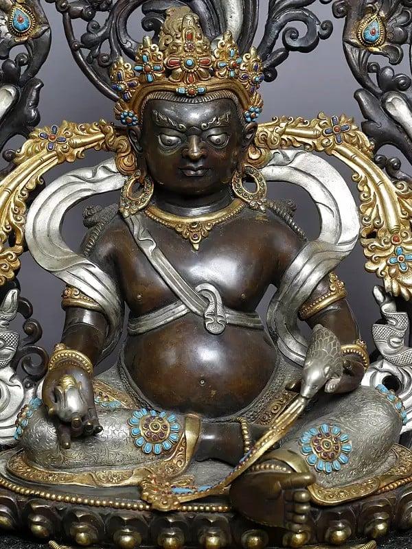 Exotic India 19" Tibetan Buddhist Deity Kubera Statue On Pedestal In Copper Gold Plated From Nepal 